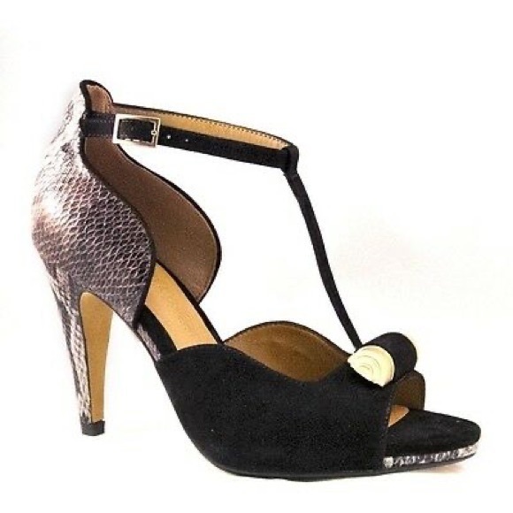 Clarks Shoes - Clarks Soft Wear Saxon Curtain Black Suede and Snake Skin Ankle Strap Heels